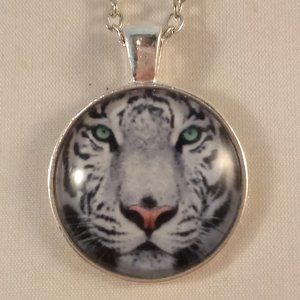 Mens Silver Mystical White Tiger Cabochon Pendant Chain Necklace Gift
